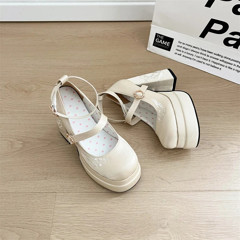 Mary Jane Flat Thick Heel Bottom Platform Plus Size Embroidered Chinese Style Bow Cosplay Womens Shoes 260208