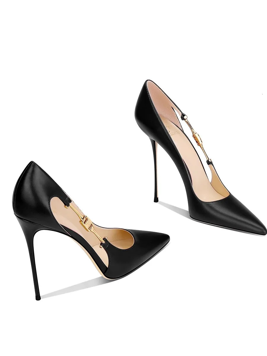 Fine highheeled womens shoes summer pointed scalp hollow metal buckle single large size small banquet work 260208