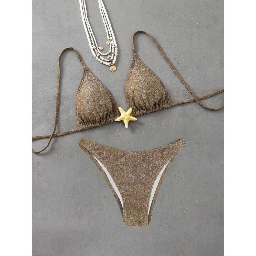 2026 New Sexy Halter Bikini Set Starfish Accessories Swimwear Women's Swimsuit Beachwear Black Green Lacing Up Bathing Suit C260207