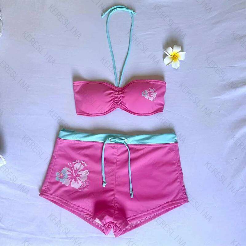 Y2k Girly style subculture Cutie summer Retro millennium hanging neck suspender Sexy beach kawaii classic comfortable bikini set C260207