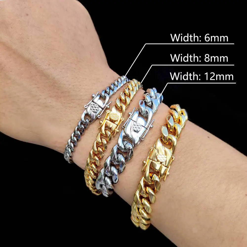 6810121416mm Gold Color Stainless Steel Curb Cuban Link Chain Bracelet Bangle Jewelry 710inch Gift for Men Women 260206