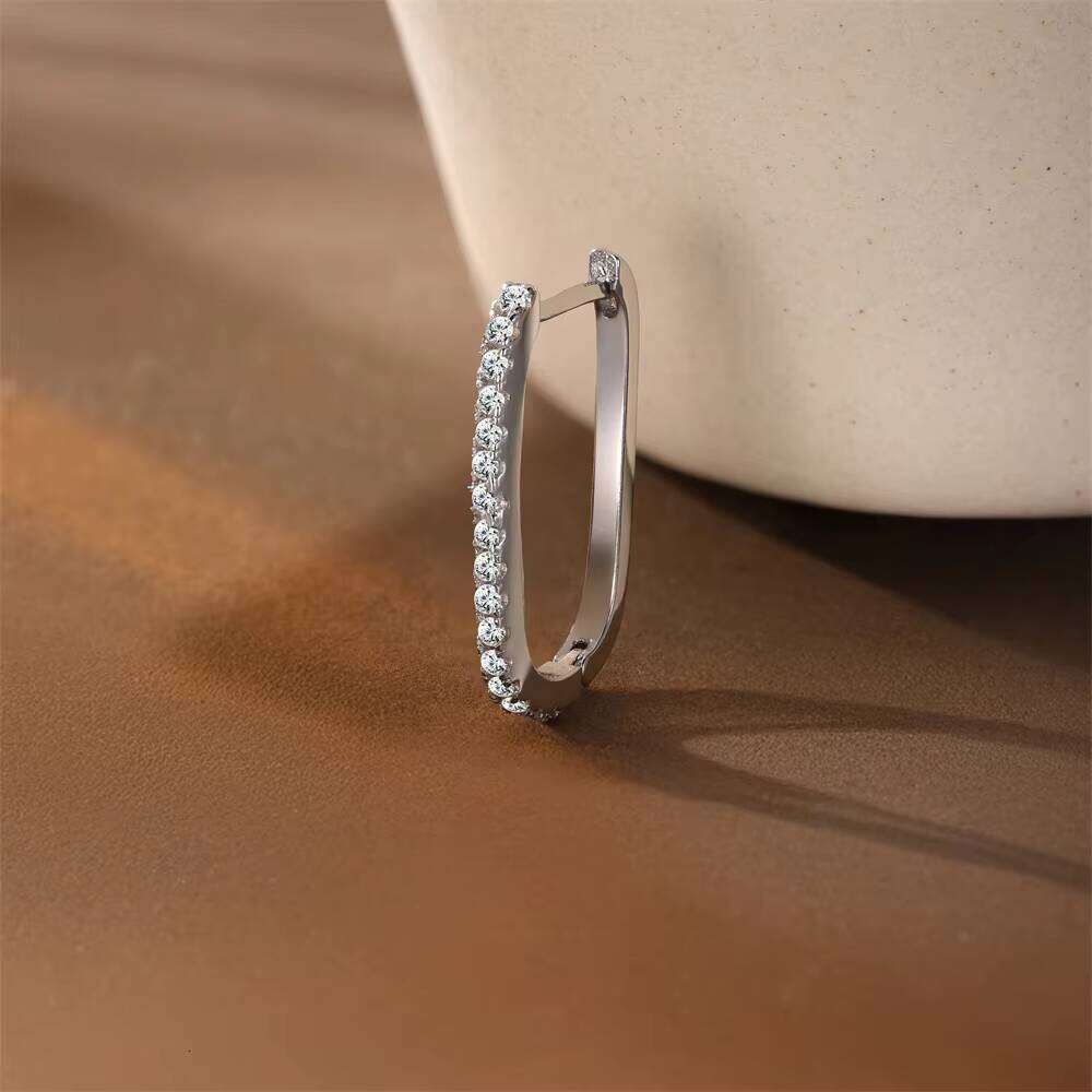 Rhodium Plated 925 Sterling Silver U Shape Micro Inlaid Moissanite Hoop Earrings Minimalist