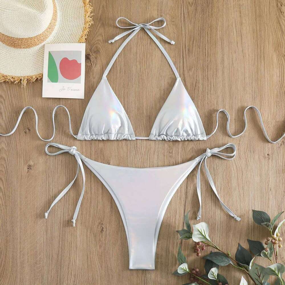 sexy metallic string halter micro mini bikini sets two pieces 2024 women thong swimsuit female bathing suit swimwear biquini C260207
