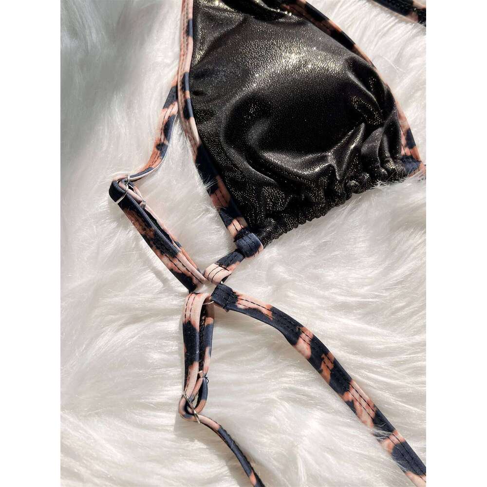 sexy glitter black leopard patchwork backless swimsuit one piece hollow bikini swimwear bodysuits women biquini bathing suits C260207