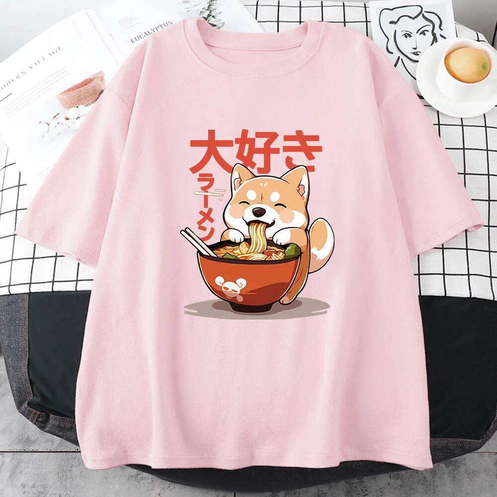 Shiba Inu Enjoying Ramen T-shirts 100% Cotton High Quality Summer Tee-shirt Casual Women/Men Kawaii Tshirt Cute Girls Shirts C260207