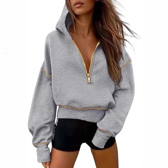 2026 Womens Fashion Basic Casual Versatile Comfortable Long Sleeve Pullover Half Zipper Distressed Hooded Sweatshirt Women 260126