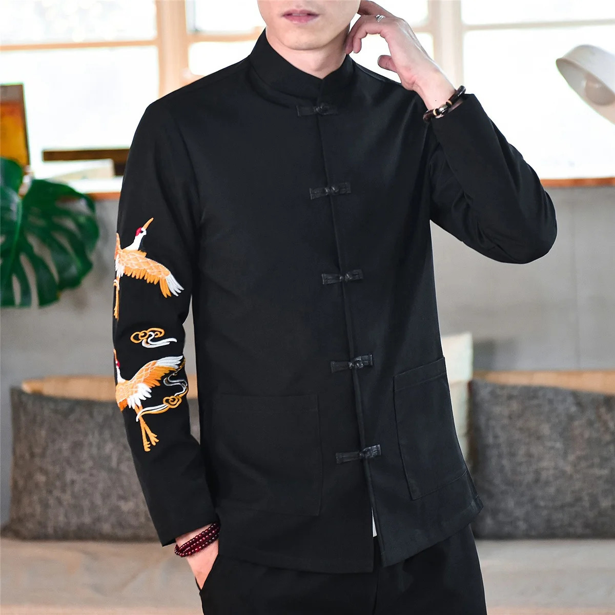 2026 Mens Chinese Traditional Tang Suit Jacket Mandarin Collar Black ed Crane n Coat Casual Formal Wear 260205