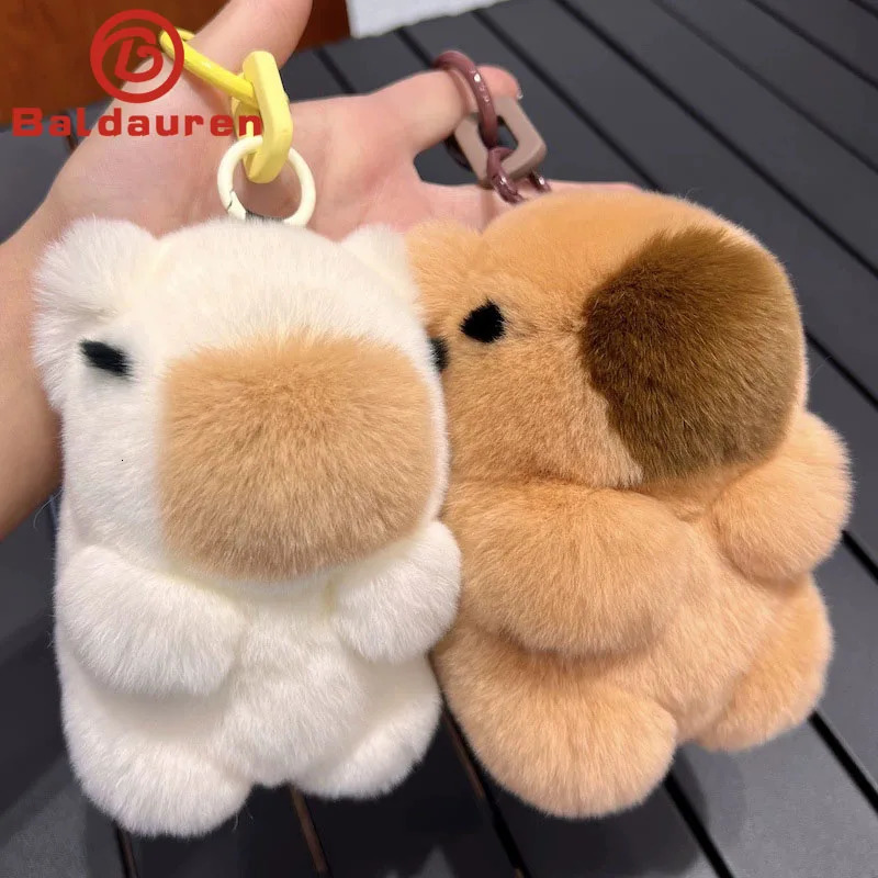 Mini Real Rex Rabbit Fur Bunny Keychain Girl Toy capybara Women Bag Charm Jewelry Pendant Car Key Metal Ring Classic Ornament 260107