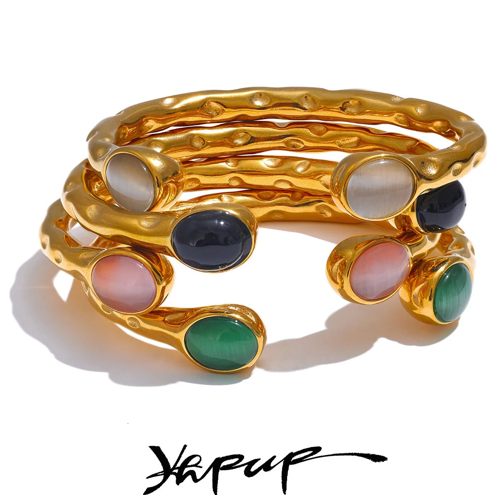Yhpup 62mm High Quality Stainless Steel Multicolored Natural Stone Golden Cuff Open Bracelet Bangle Water Resistant Jewelry 260202