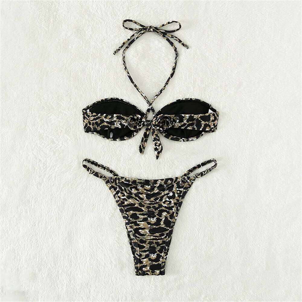 Leopard Print Bikini Push Up Swimsuit Backless Bandage Swimwear Women Micro Bath Suits Vacation Outfit Brazil Beach Tangas Mujer C260207