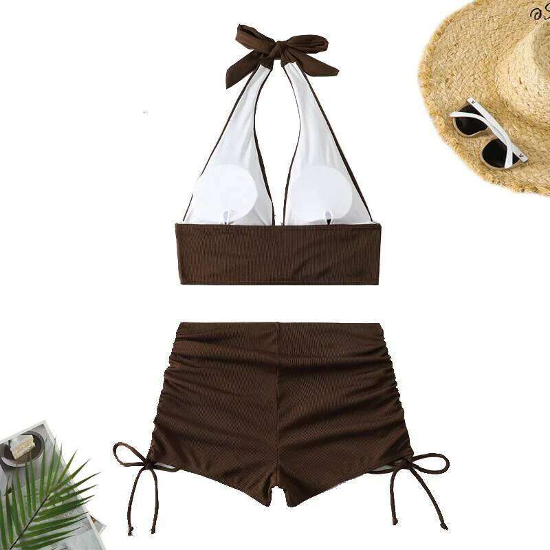 Sexy High Waist Bikini Shorts 2024 Women Swimsuit Two Piece Swimwear Female Bikinis Set Brown Bathing Suits Brazilian Biquini C260207