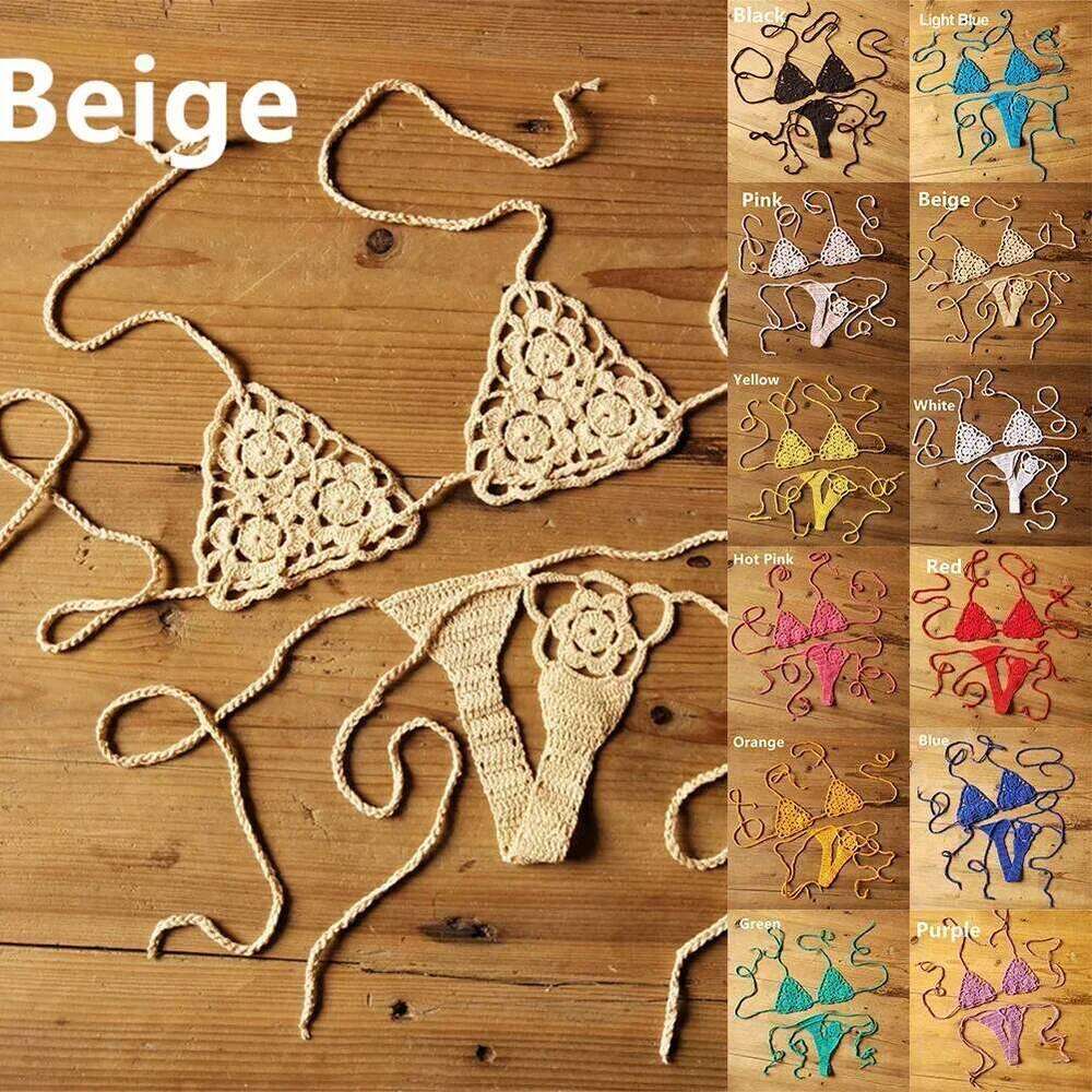 Crochet Bikini G-String Lace Up Thong Beach Swimwear Sexy Swimsuit Bra Set For Summer Swimming Party Holiday C260207