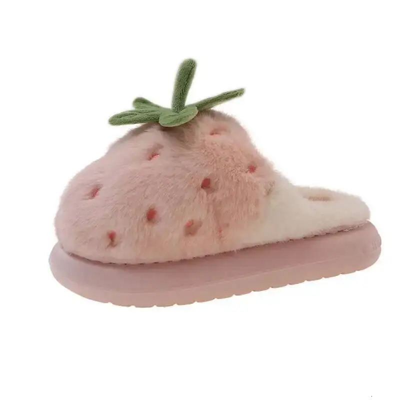 Winter Womens Furry Cotton Home Slippers Cute Strawberry n Warm Thick Soled Anti Slip Indoor Household Outdoor Wearable 260208