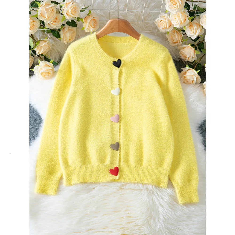 Autumn Winter Fashion Yellow Cardigan Women Heart Button Long Sleeve Knit Sweater Outerwears 260122