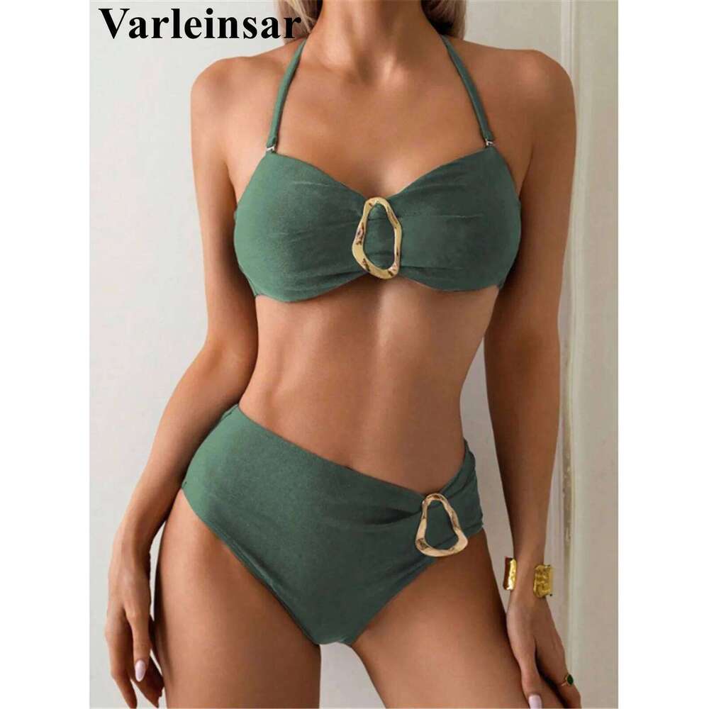 S - XL Metal Ring Halter Female Swimsuit High Waist Women Swimwear Two-pieces Bikini set Bather Bathing Suit Swim V6933 C260207
