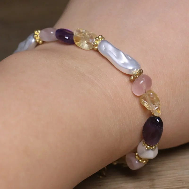 Bohemian Pearl Gemstone Bracelet Handmade Amethyst Rose Quartz Citrine Beads Gold Plated Chain Women Dainty Stackable Jewelry 260107