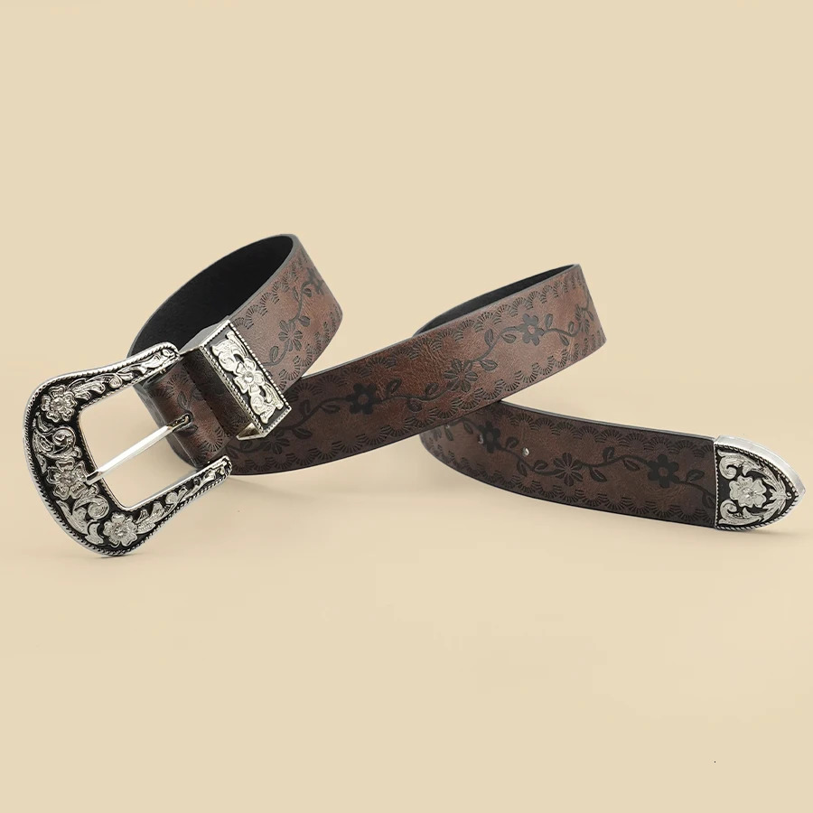 Vintage Carved Buckle Belt for Women Men - Brown Textured Floral Print Western Style Fashion Versatile Waistband Belt 260124