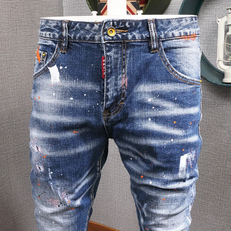 Fashion Streetwear Men Jeans Retro Blue Elastic Slim Fit Ripped Jeans Men Painted Elastic Hip Hop Denim Pencil Pants 260122