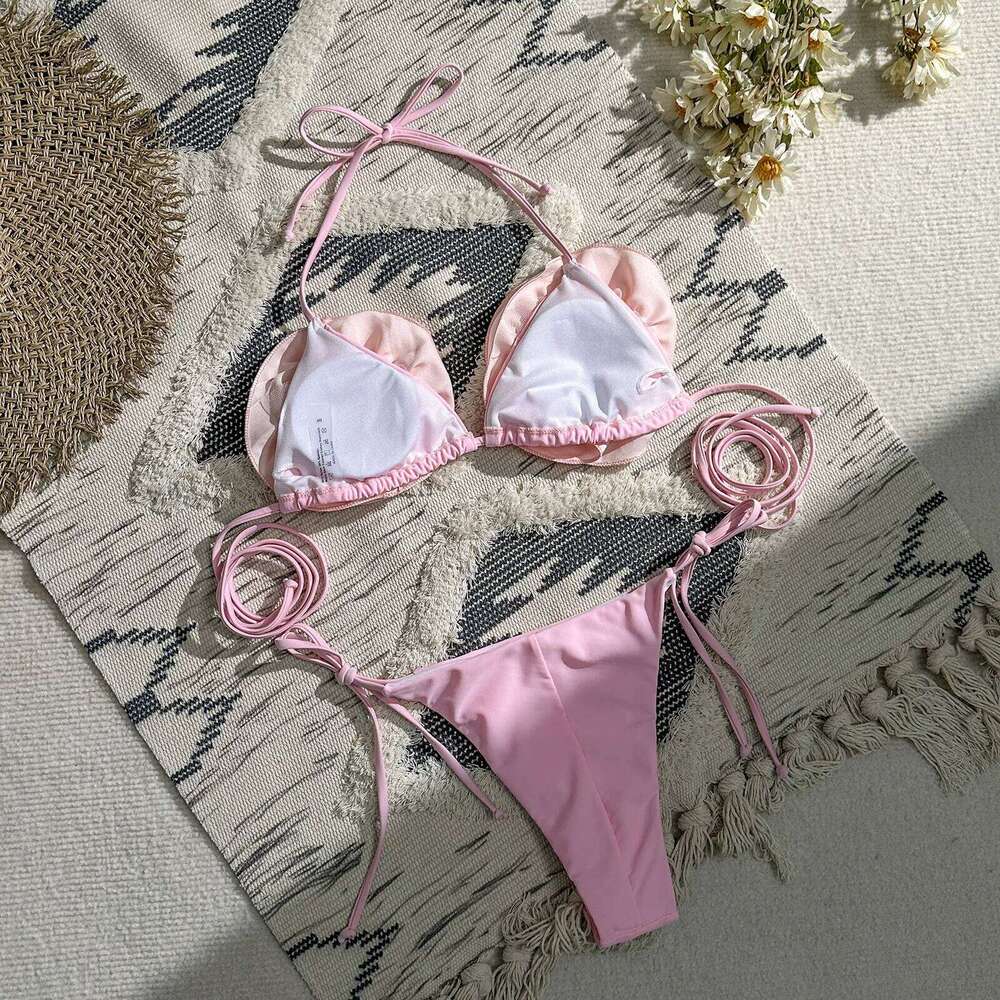 Sexy 3D Flower Swimsuit 2026 New Solid Halter Swimwear Women Bikini Set Bandage Bathing Suit Biquini C260207
