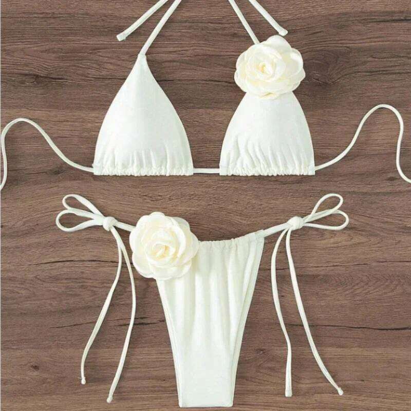 S - L Sexy 3D Flowers Halter Strappy Women Swimwear Female Swimsuit Two-pieces Bikini Set Bather Bathing Suit Swim C260207