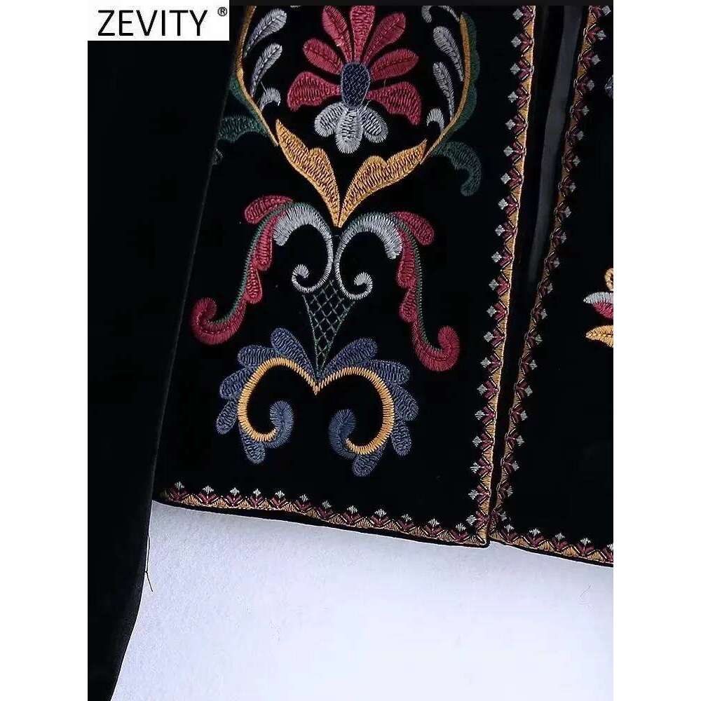 Zevity Women Vintage Flower Embroidery National Style Short Coat Ladies Retro Open Stitching Casual Velvet Jacket Tops Ct100
