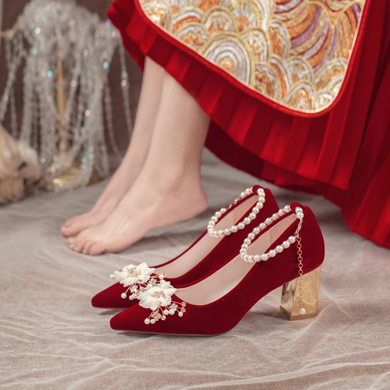 Comemore Red High Heel Chinese Style Bridal Wedding Shoe 2024 Beaded Womens Pointed Toe Pumps Fashion Pump Heels 34 260208