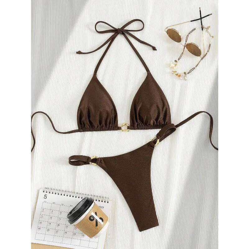 Classic Solid Color Split Bathing Suit Women Metal Buckle Halter Bandage Bikini Set 2026 New Summer Beach Sexy Trendy Swimwear C260207