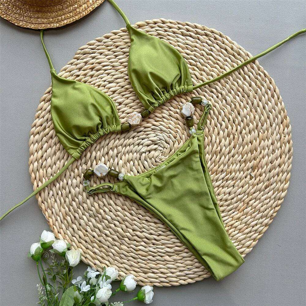 Solid Green Swimwears Sexy Halter Triangle Bead String Bikini Mini Micro Thong Swimsuit Woman 2026 Summer Brazilian Bikinis Sets C260207