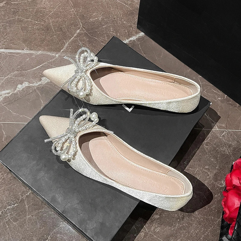 pearl bow flat shoes woman pointy silk strings ballet flats women crystal bow moccasins wedding shoes big size43 260124