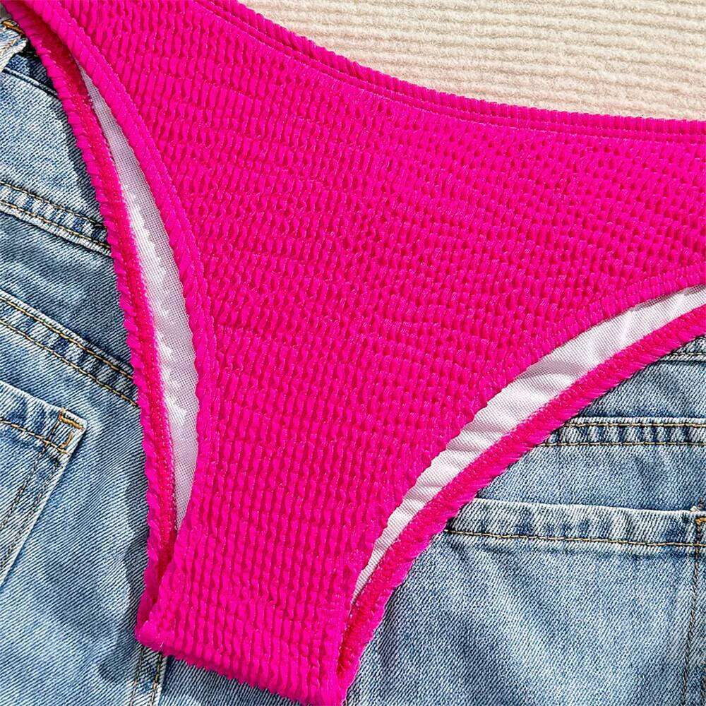 Sexy Rose Red Bikini Bandeau Swimsuit Y2K Rib Vacation Swimwear Backless Strapless Bikinis Thong Women Beach Outfit Bathing Suit C260207