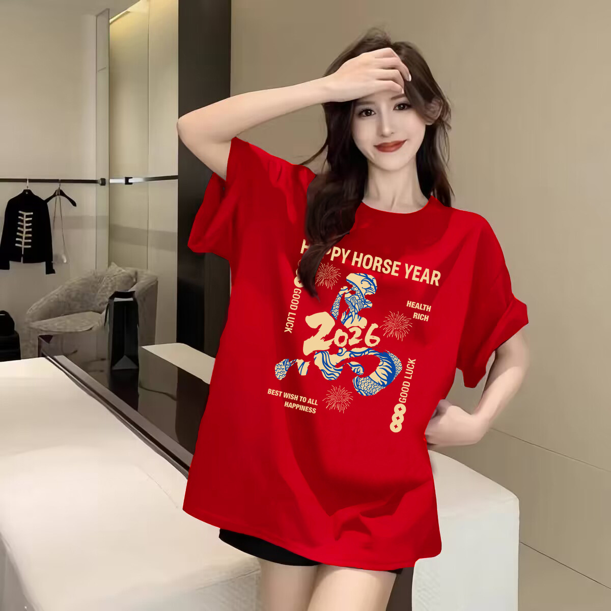 Women's T-Shirt Soft Stretchy Lucky Horse Print T-Shirt 2026 Red & Golden Lettering Round Neck Short Sleeve Casual Top