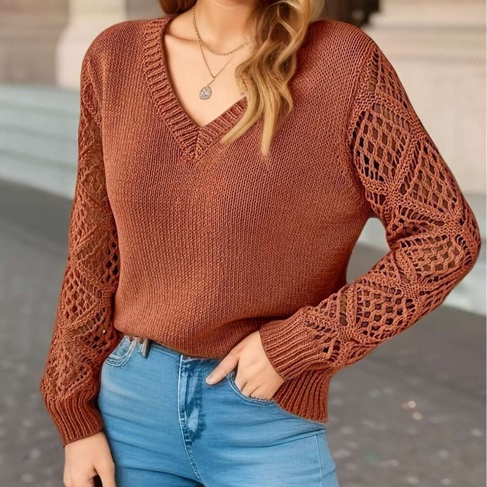 Spring and Autumn Hollow Knitted Sweater Women's Pullover Long Sleeve Crochet Jacquard Loose V-neck Base Shirt