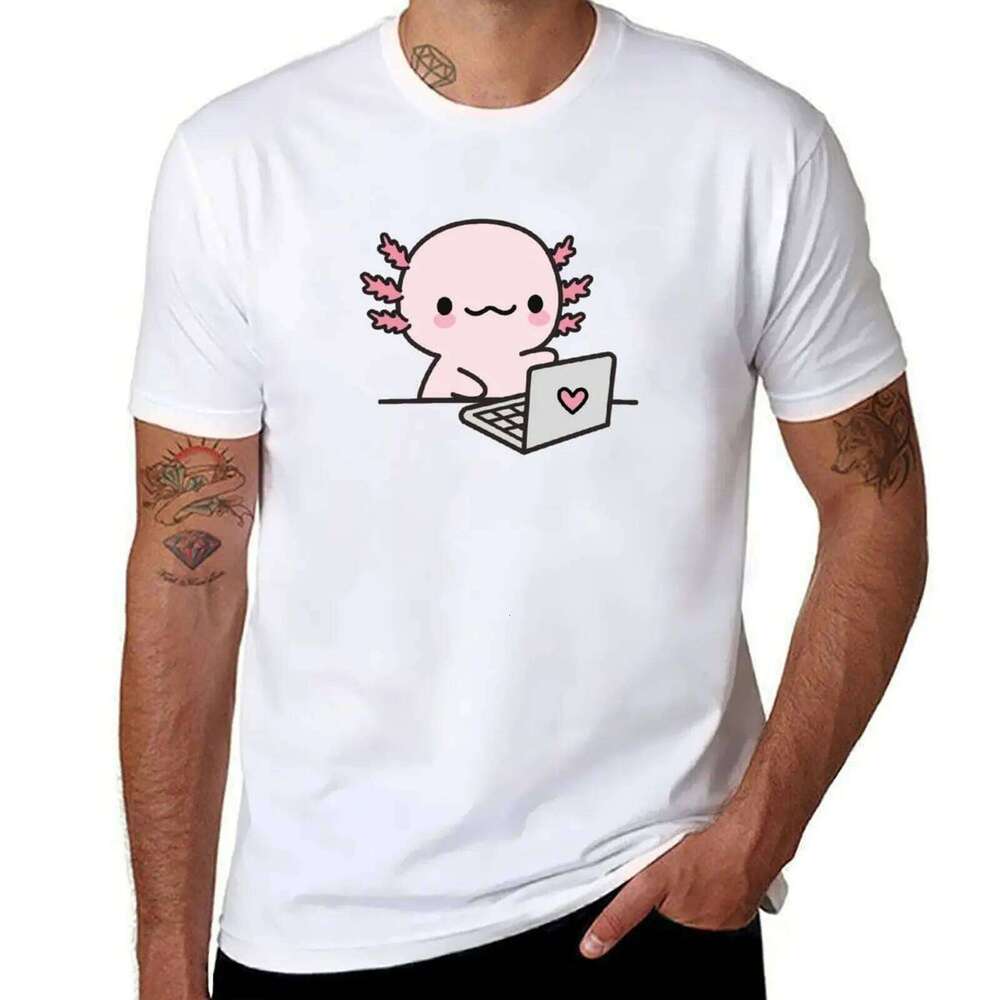 Axolotl working on the computer for t shirt man plain T-Shirt C260207