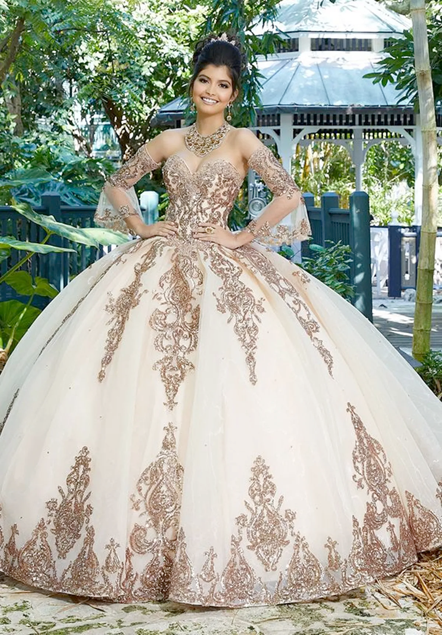 Rose Gold Sweet 16 Princess Quinceanera Dresses Long Sleeves Tulle Formal Pageant Ball Gown for Girls Vestidos De Anos robe HR812