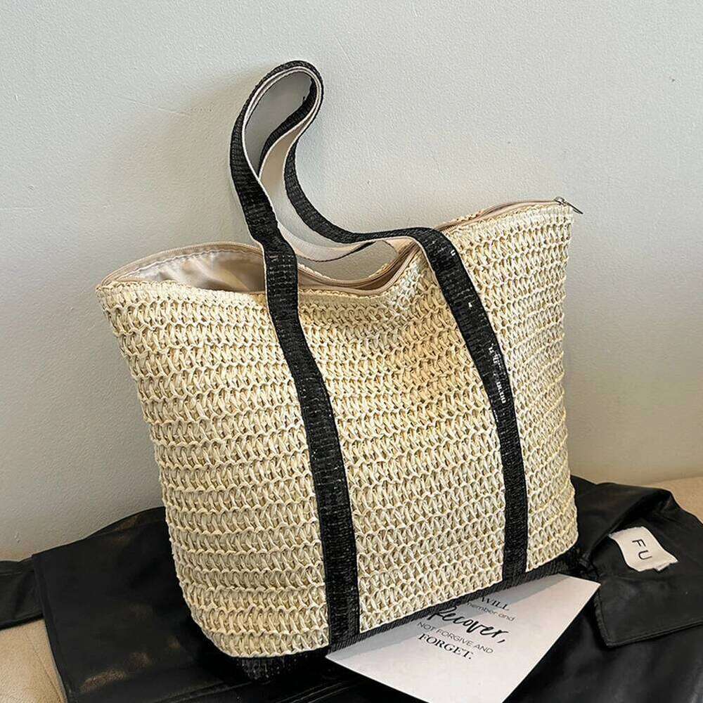 Women Straw Tote Handbag Large Capacity Sequins Weaving Travel Contrast Color Simple Shoulder Ladies Summer Daily Bag C260207