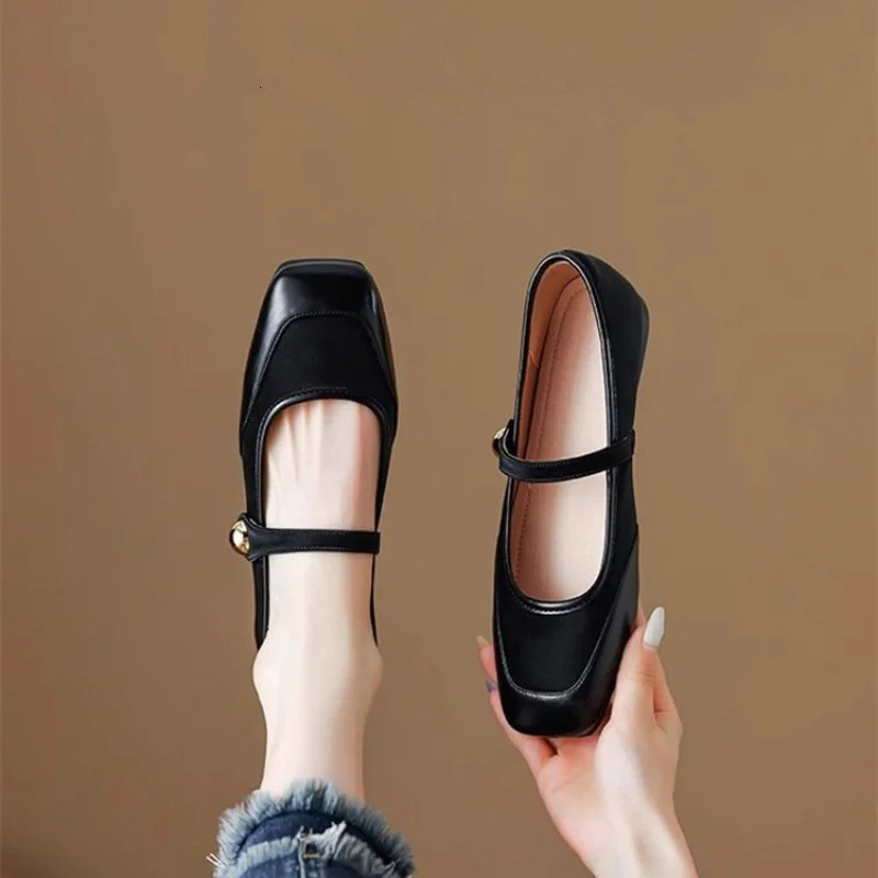 Womens Autumn/Winter Mary Jane Flats - Patchwork Square Toe Single Strap Shallow Cut Flats Elegant Versatile Flat Sole Shoes 260123