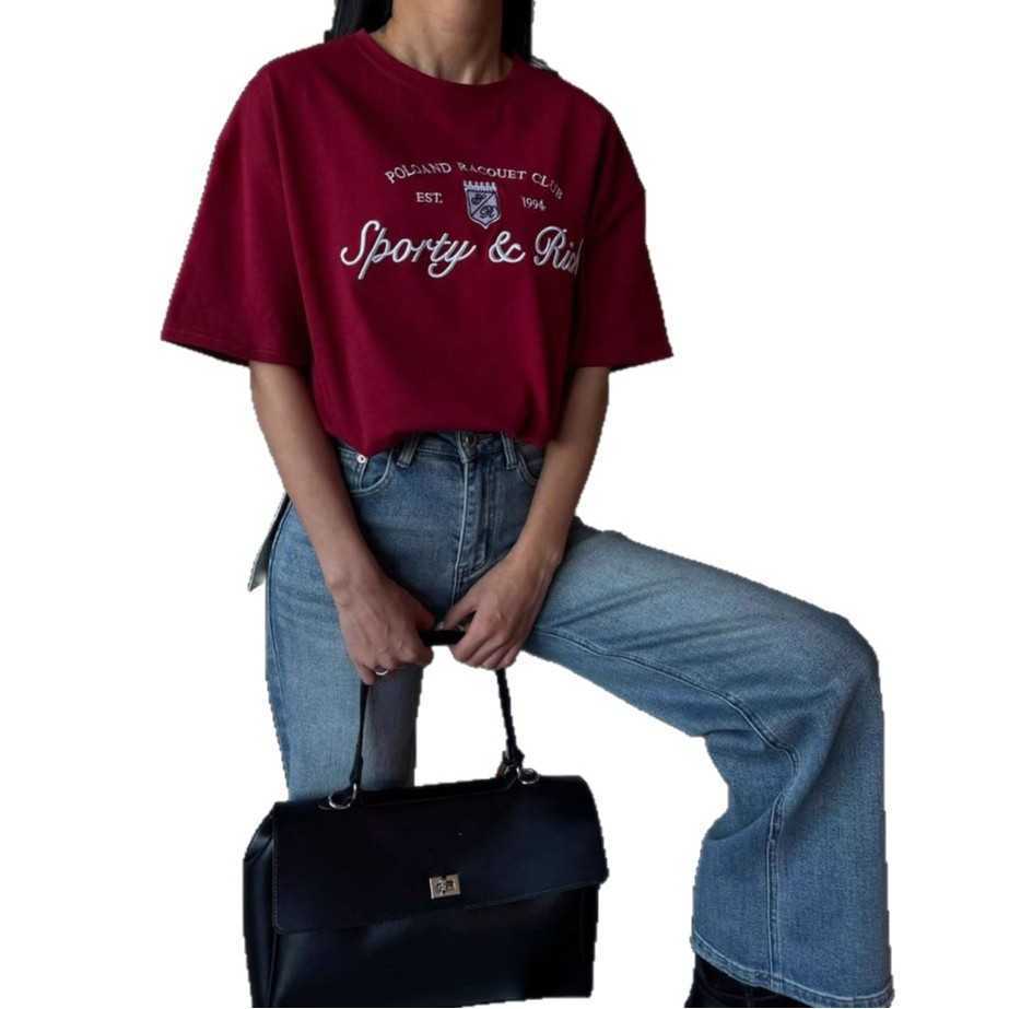 American-Style Basic Versatile Short-Sleeve T-Shirt for Women Summer Euro-American Style Versatile Letter Embroidery Contrast-Color T-Shirt Wholesale