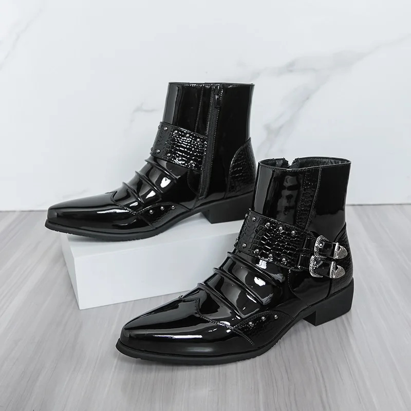 Men Pointed Toe Punk Rock Belt Buckle Leather Casual Chelsea Ankle Boot Winter High Top Monk Strap Hiphop Shoes 260208
