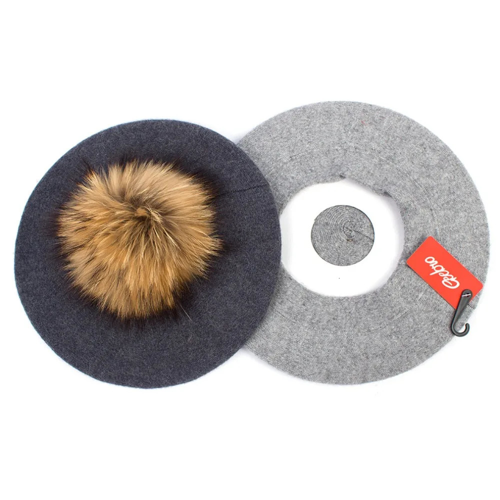 Geebro Women Berets Hat Winter Casual Knitted Wool Berets With Natural Raccoon Fur Pompon Ladies Solid Color Beret Hats GS110 260205