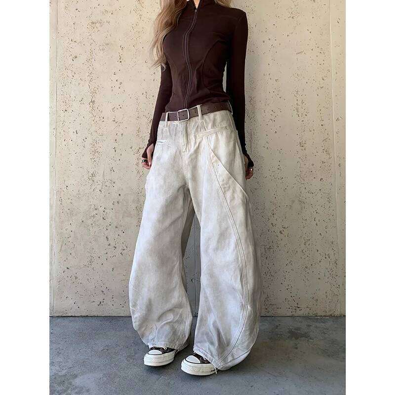 American Retro 2000s High Waist Full Length Jeans Pockets Hip-hop Baggy Cargo Pants Women Casual Y2K Grunge Street Denim Trouser