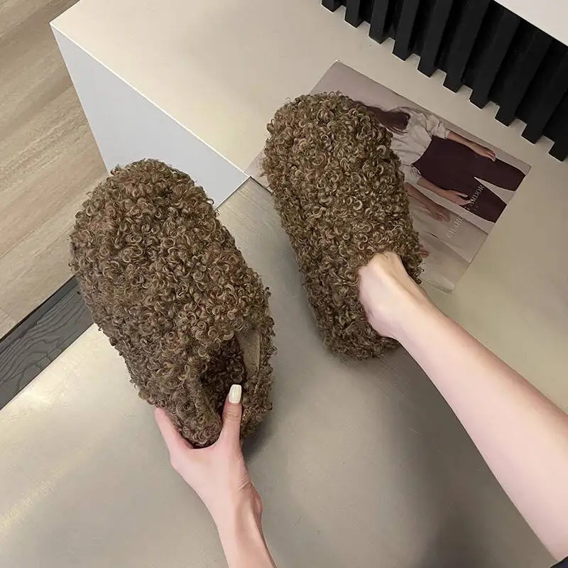 Womens Fur Home Slippers 2025 Autumn Winter Wool Furry Indoor Outdoor Wear Toe Internet Style 260208