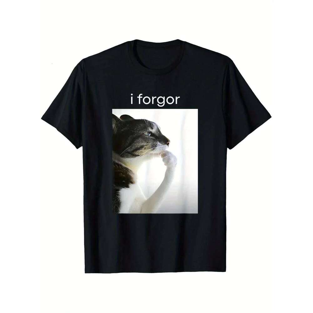 Funny Silly Cat Meme "I Forget" Cringe Brainrot Graphic T-Shirt Round Neck Short Sleeve Tee for Casual Wear Women Clothing Y2K C260207