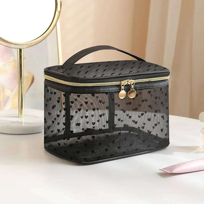Double-layers Black Mesh Cosmetic Bag Travel Portable Large-Capacity Makeup Case Organizer Storage Pouch Zipper Toiletry Bags Y260206