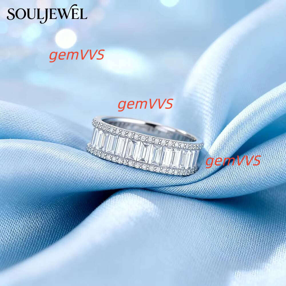 New Luxury Rectangular Baguette Moissanite Ring Full Eternity Design Hip Hop Style S925 Silver Rhodium Plated GRA Certified