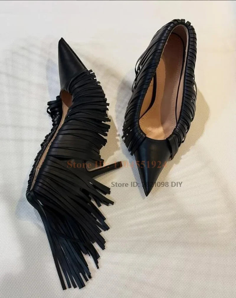 Wine Red Leather Tassel Thin Heeled Stiletto Pointed Toe Pump Fringe Fashion Party Shoes 260208