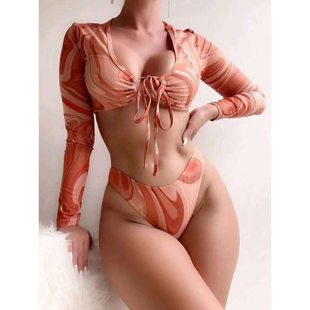 2025 Hollow Out String Long Sleeve 2 Piece Bikini Women Swimwear Female Swimsuit Bathers Bathing Swimming Suit Beachwear Summer C260207