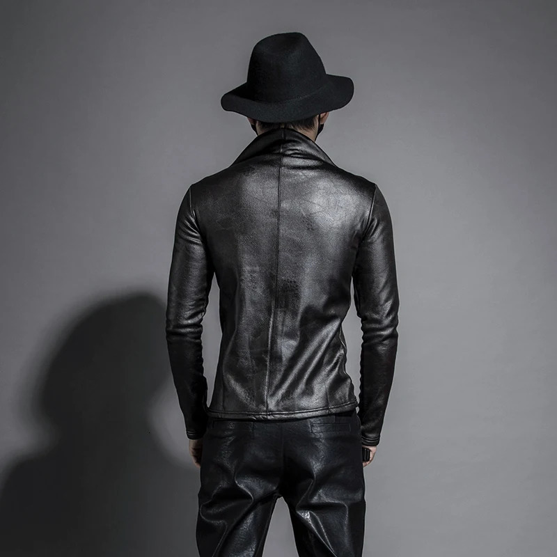Autumn Winter Men Stand Collar Warm Fleece Lining Jacket Pullover Gothic Slim Fit Punk Coat Black Motorcycle Pu Leather 260205