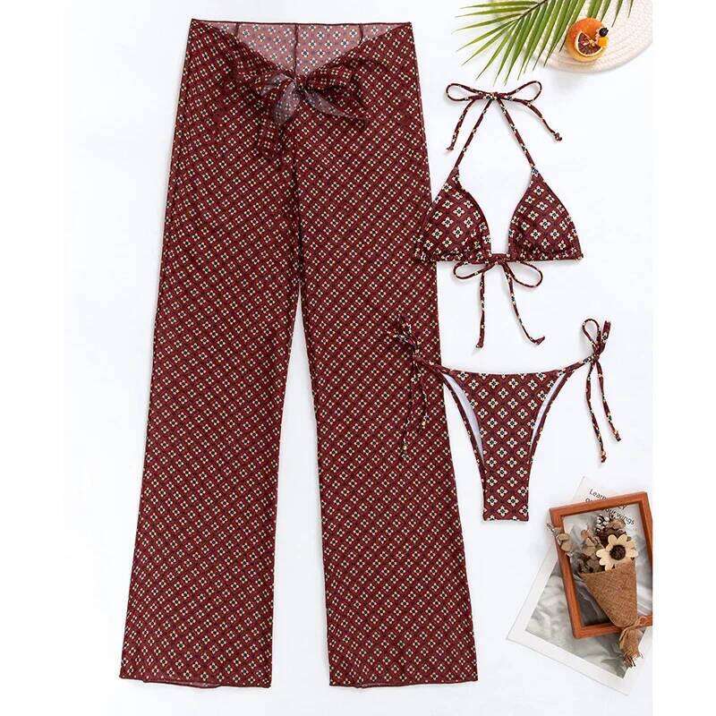 Printing Push Up Set Women Swimsuit Triangle Side Tie G-string Split Bikini with Pants 2025 New Beachwear 3 Pieces Sets C260207