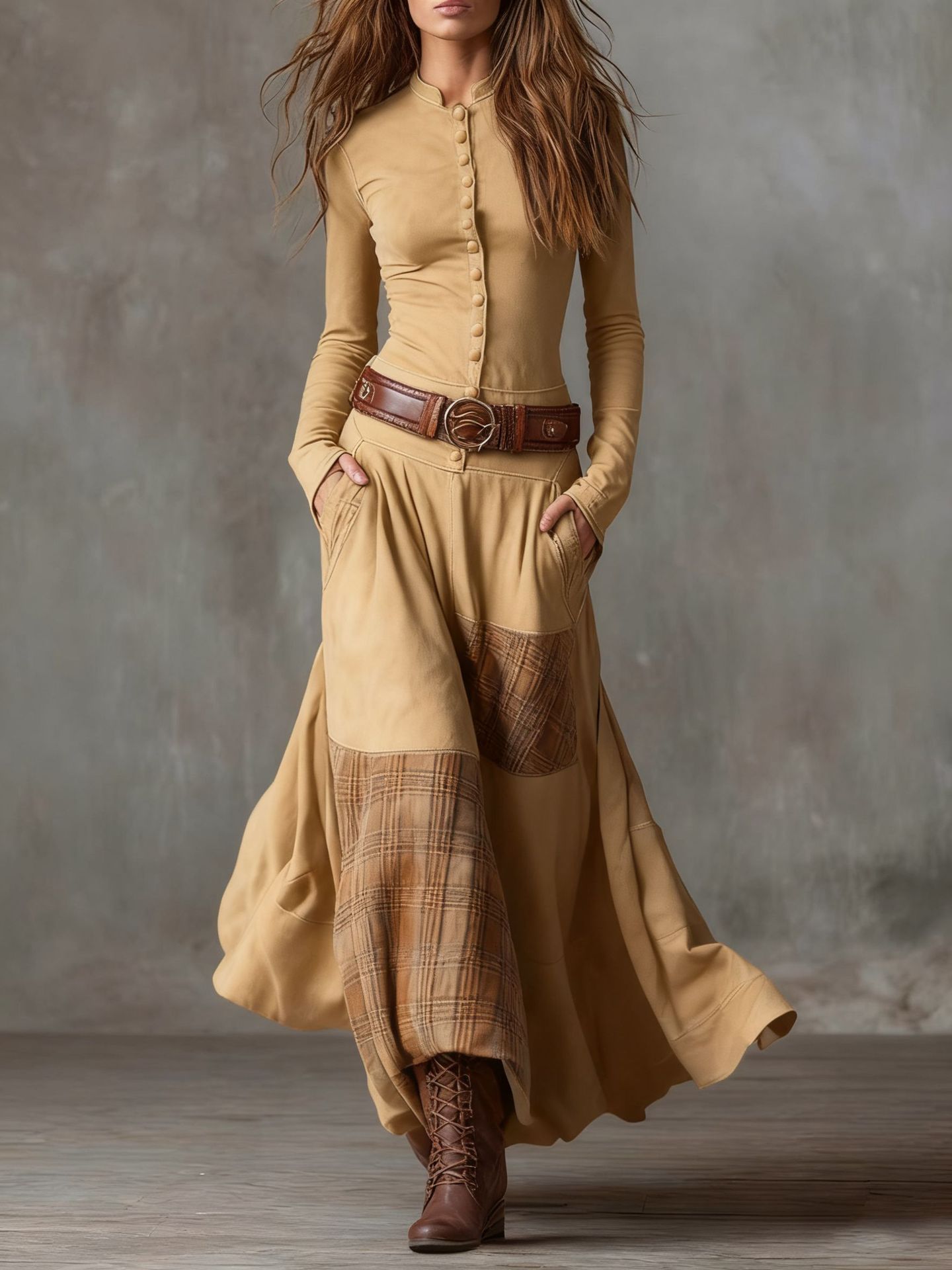 Fashion Button Draped Maxi Dress Elegant O-neck Long Sleeve Pocket Long Dress Vintage Checkered Print Patchwork Slim Party Dress R260208