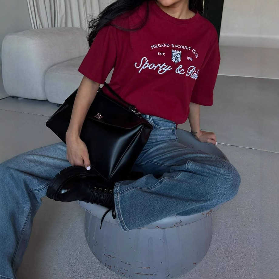 American-Style Basic Versatile Short-Sleeve T-Shirt for Women Summer Euro-American Style Versatile Letter Embroidery Contrast-Color T-Shirt Wholesale